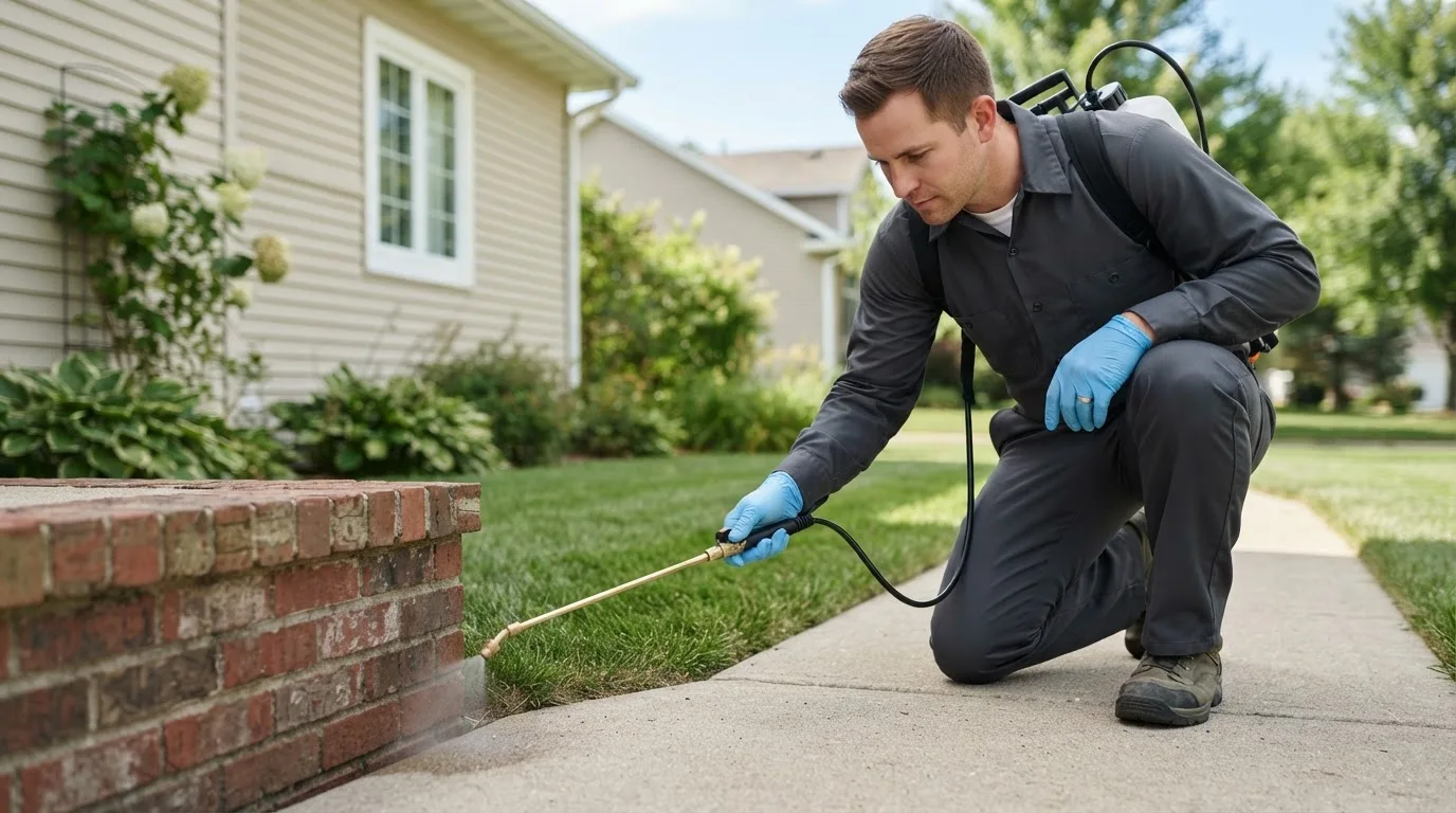 Pest control technician treating a home near Anderson, IN