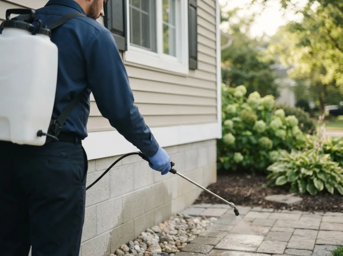 Pest control technician inspecting a home in Anderson, IN